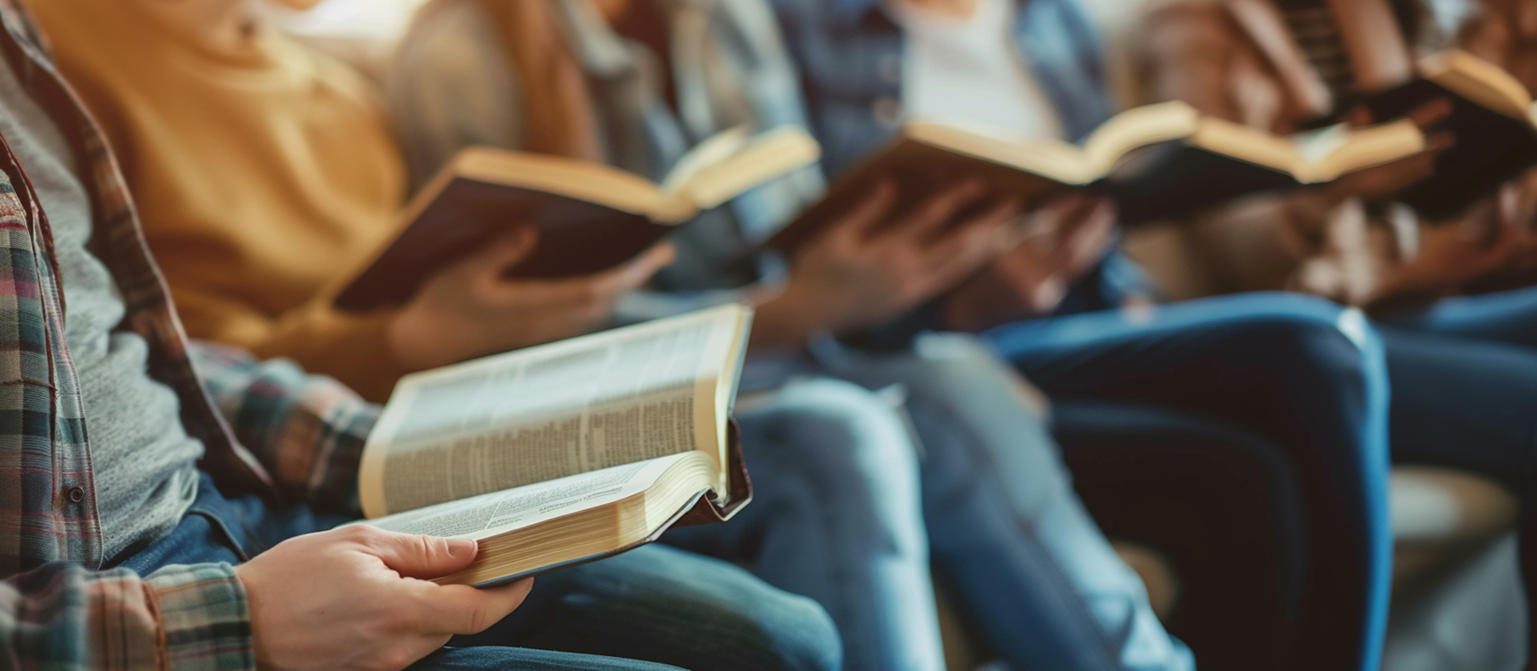Personas reunidas compartiendo y estudiando con Biblias abiertas