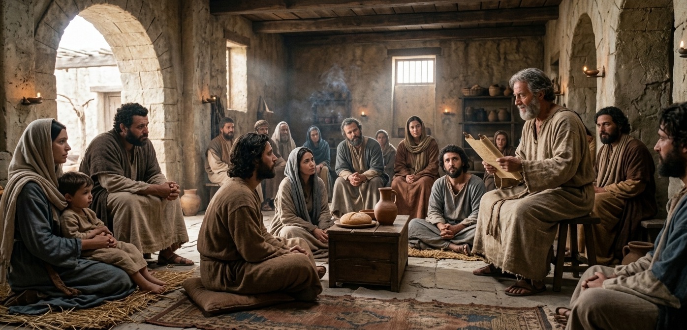 La Iglesia reunida en una casa para recibir la enseñanza de las Escrituras