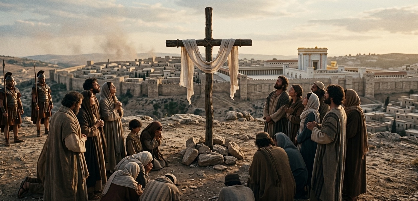 La cruz levantada ante Jerusalén mientras el pueblo contempla la obra realizada