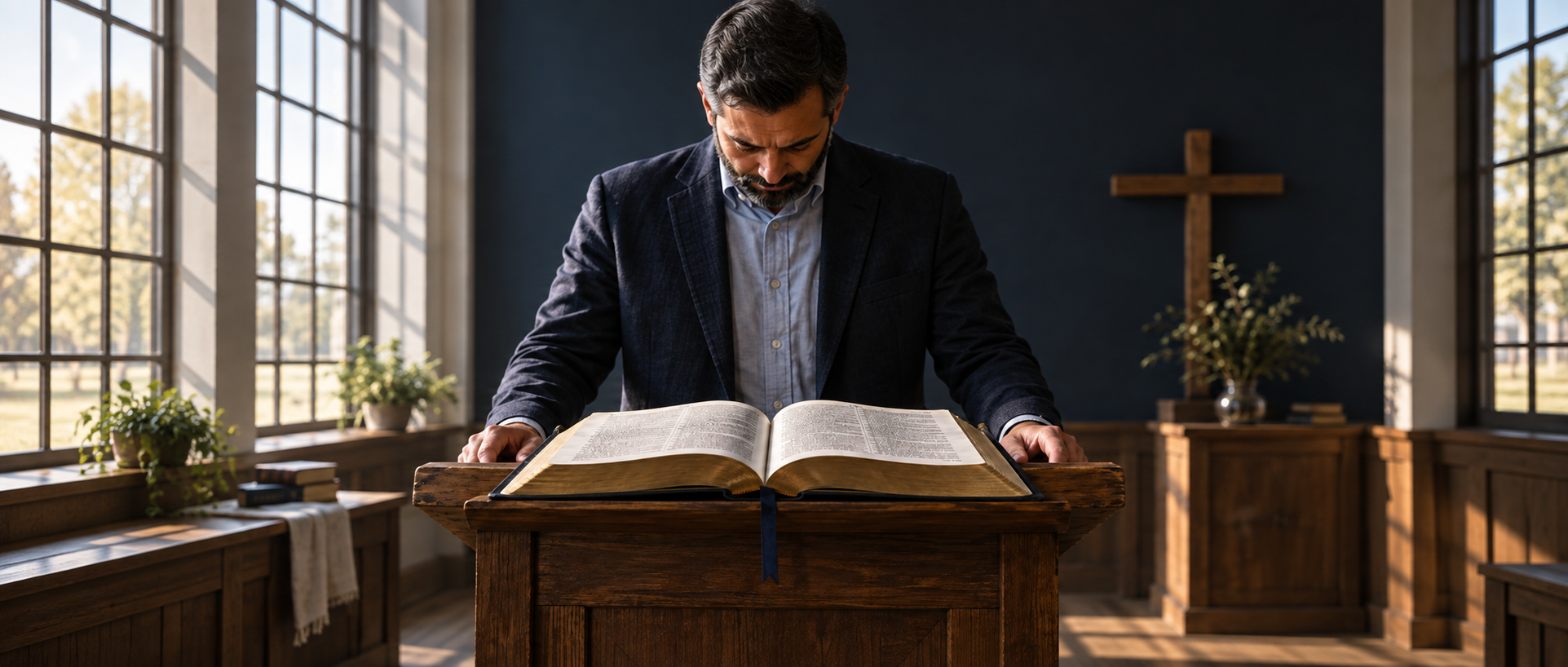 Maestro inclinado ante la Biblia abierta
