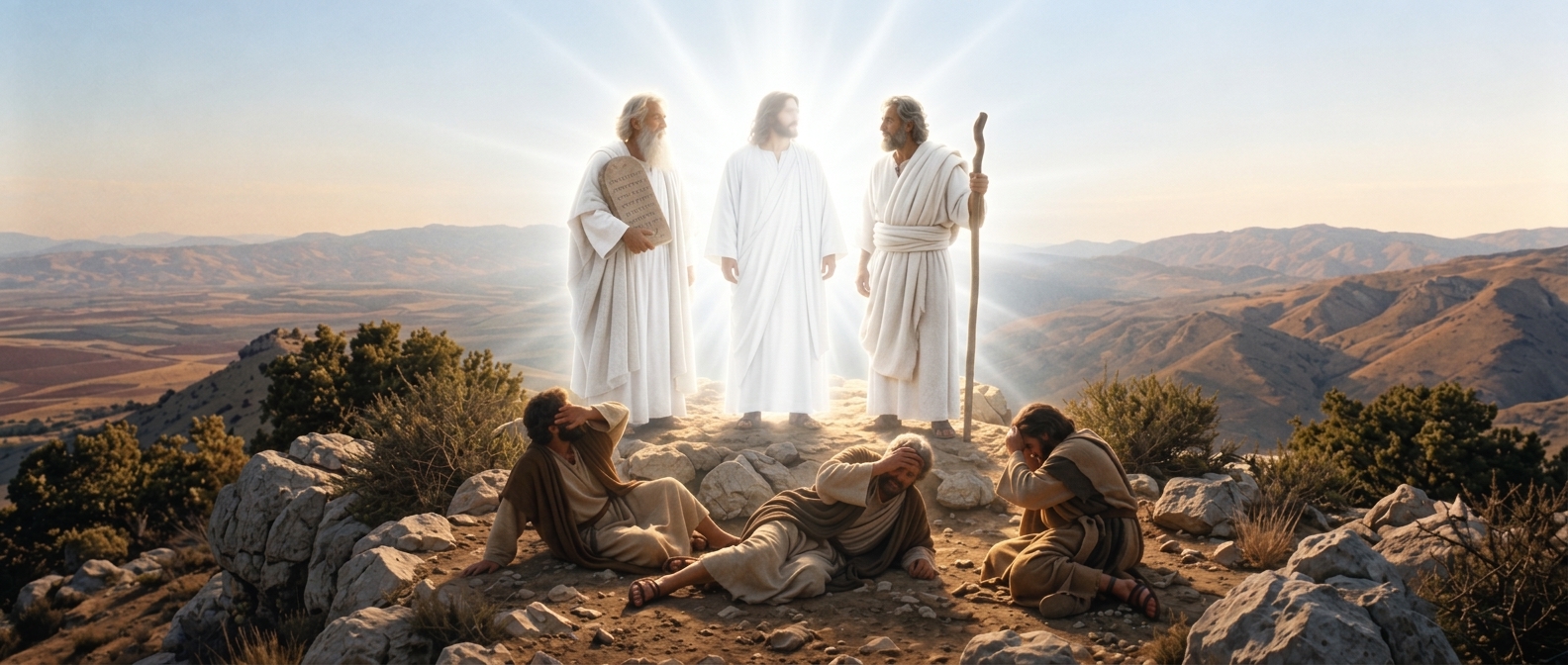 Jesús resplandeciente durante la transfiguración con Moisés y Elías