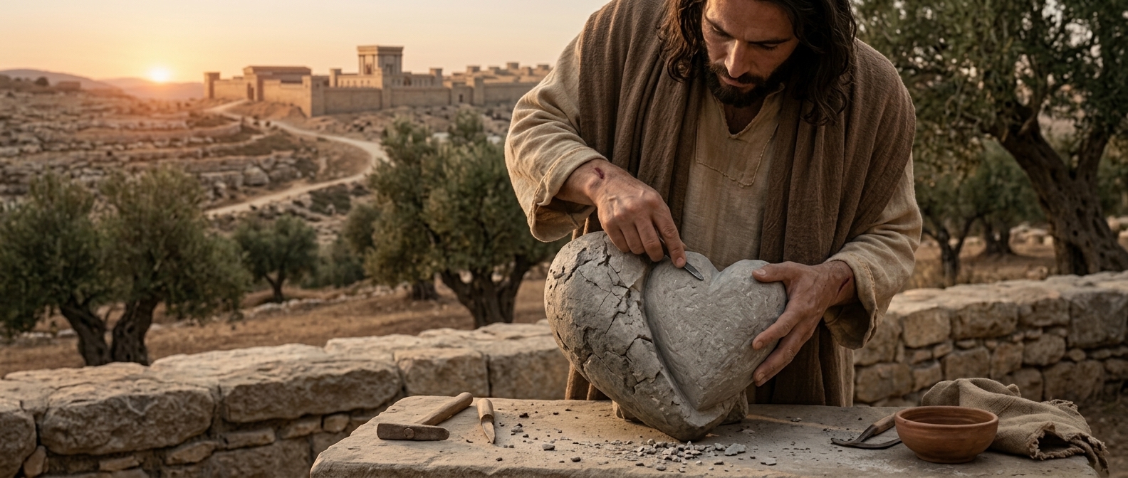 Jesús esculpiendo cuidadosamente un corazón de piedra